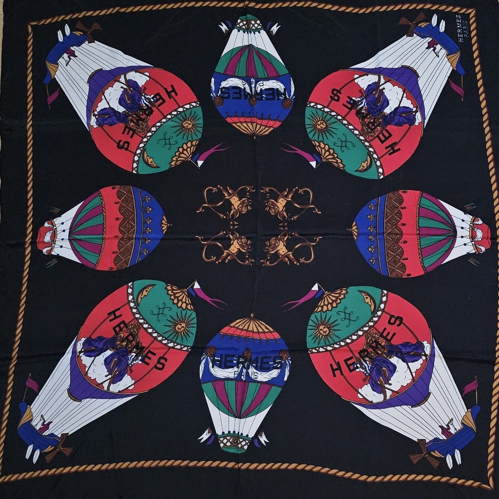 Vintage Silk Scarf | Aviation Hot Air Balloon Print | Designer-Inspired Luxury